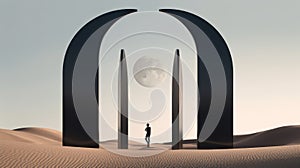 Moonlit Minimalist Landscape With Arch And Tower photo