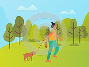 Woman Walking with Dog in City Park Cartoon Vector