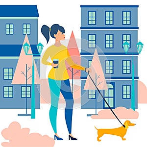 Woman walking a dog, dachshund. Walk with a coffee in the morning. In minimalist style Cartoon flat raster