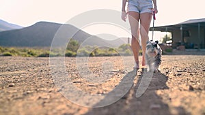 Woman, walking dog and feet on path, adventure or outdoor together for fitness, health or freedom. Person, pet or animal