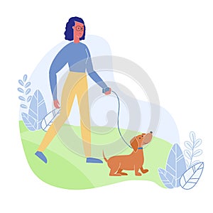 Woman Walking with Dog Flat Vector Illustration