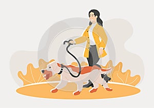 Woman is walking with a dog illustration in a flat style