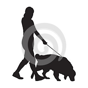 Woman walking with dog, isolated vector silhouette