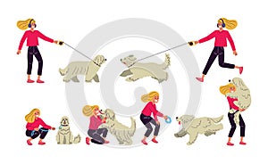 Woman walking with a dog and listening to music in headphones, walk in a park with pets, illustration in flat style