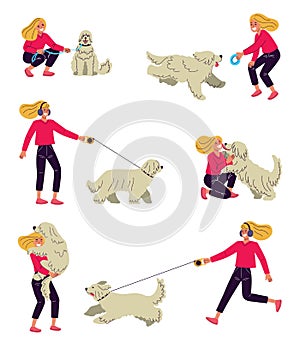 Woman walking with a dog and listening to music in headphones, walk in a park with pets, illustration in flat style