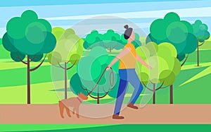 Woman Walking Dog in Park Vector Illustration