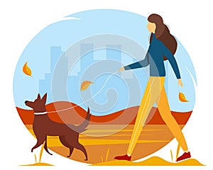 Woman walking with the dog in the parkin autumn. Vector illustration.