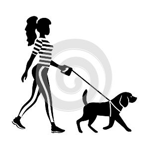 Woman walking with a dog silhouette