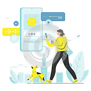 Woman walking dog with smartphone and listening to podcast online, vector illustration. Audio podcast, radio show.