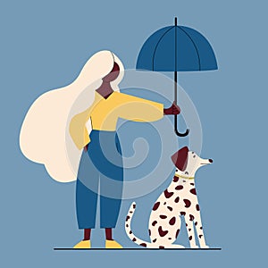 Woman walking with dog on the street. Flat cartoon colorful vector illustration.