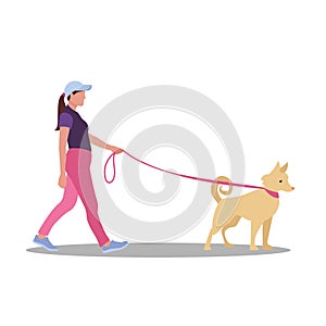 Woman walking a dog in the summer. Cute vector illustration in flat style