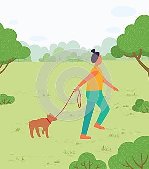 Woman Walking Dog in Summer Forest or Park Vector