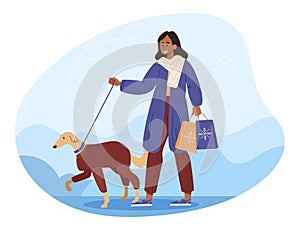 Woman walking with dog vector concept