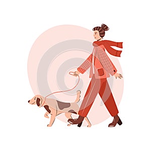 Woman walking with dog vector flat cartoon illustration. Female character spending time with domestic animal.