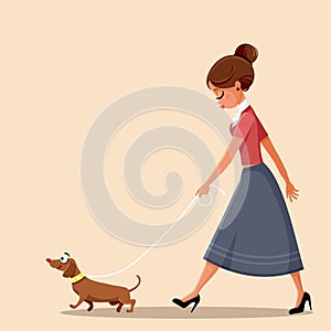 Woman Walking Dog Vector Illustration