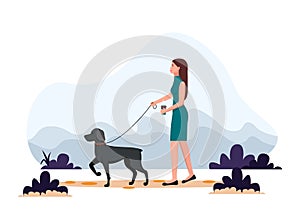 Woman walking the dog. Vector illustration in flat style, concept illustration for healthy lifestyle, sport, exercising