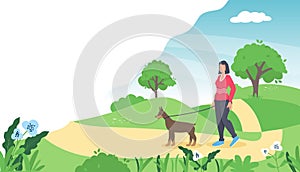 Woman is walking with a dog. Vector illustration in flat style dog walking girl in spring park