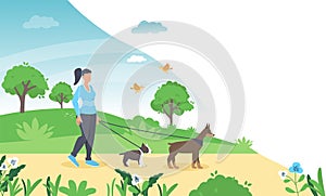 Woman is walking with a dog. Vector illustration in flat style dog walking girl in spring park.