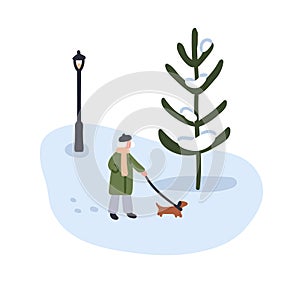 Woman walking with dog on winter holiday. Old senior lady strolling outdoors, leading cute puppy on leash in nature