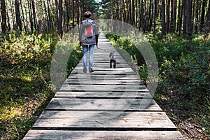 Woman walking dog on wooden pathway in the woods