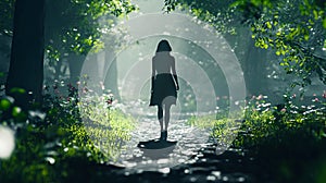 A woman walking down a path in the middle of a forest