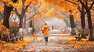 A woman is walking down a path in a park with trees and benches