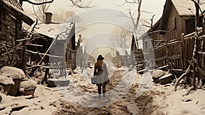 A woman walking down a snowy path with houses