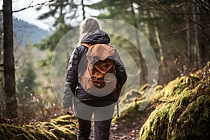 Woman Walking through Forest with Backpack
