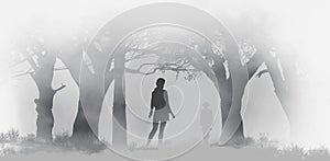 A woman walking in the forest in the fog meets a man who appears from the fog in this watercolor painting