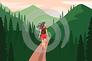 Woman walking on forest road illustration. Female character in red dress and with backpack travels.