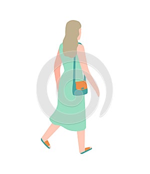 Woman walking or going to job. Cartoon female person walks in park girl outdoor in green dress and small bag, leisure