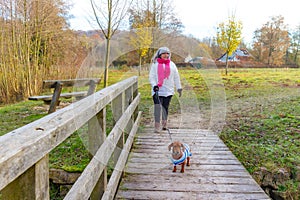 Woman walking with her dachshund towards wooden bridge