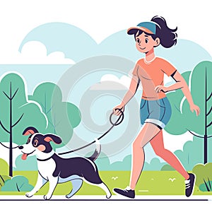Woman walking her dog in the park. Vector illustration in cartoon style