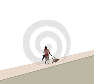 Woman walking with her dog that pulls on a leash on city street. Pet is the best friend,