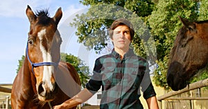 Woman walking with horse in stable 4k