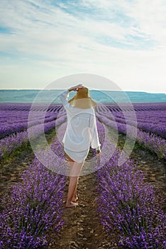 Woman walking in lavender field