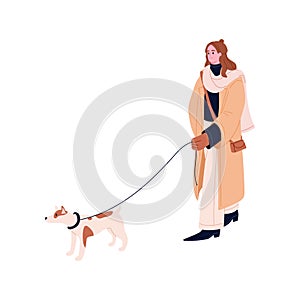 Woman walking and leading dog on leash. Winter stroll with puppy. Person going with doggy. Pet owner and canine animal