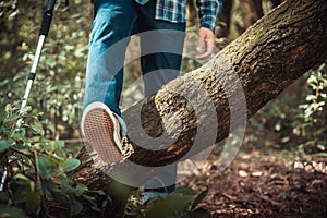 Woman walking on a log in the forest and balancing: physical exercise, healthy lifestyle and harmony concept