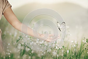 woman walking in a meadow and a butterfly approaches her hand, surreal encounter