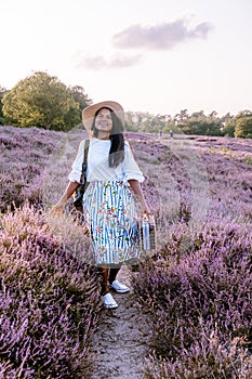 Woman walking in the meadown with dress bag and hat,Posbank national park Veluwezoom, blooming Heather fields during