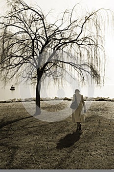 Woman walking near tree