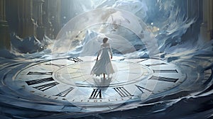 a woman is walking over a big clock