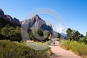 Woman walking on the Pa'rus Trail in Zion National Park in Utah, USA