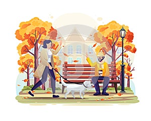 Woman walking in the park in autumn with her dog and greeting a friend man sitting on a bench. vector illustration