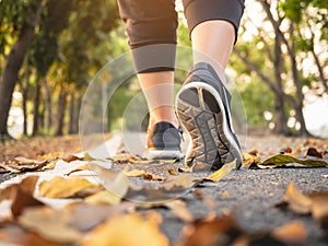 Woman walking in Park outdoor Workout Trail walkway Exercise Healthy lifestyle