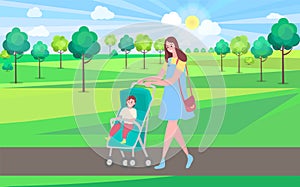 Woman Walking with Perambulator and Kid in Park