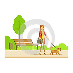 Woman Walking The Pet Dog On The Leash, Part Of People In The Park Activities Series