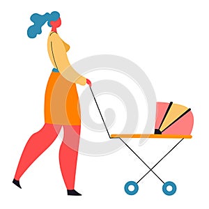 Woman walking with pram, mom with kid in buggy