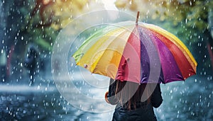 A woman is walking in the rain with a rainbow umbrella