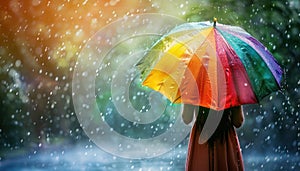 A woman is walking in the rain with a rainbow umbrella